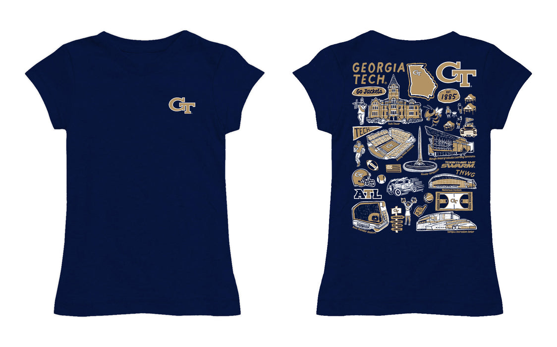 Georgia Tech Yellow Jackets Hand Sketched Vive La Fete Impressions Artwork Navy Girls Cotton Short Sleeve Tee - Vive La Fête - Online Apparel Store