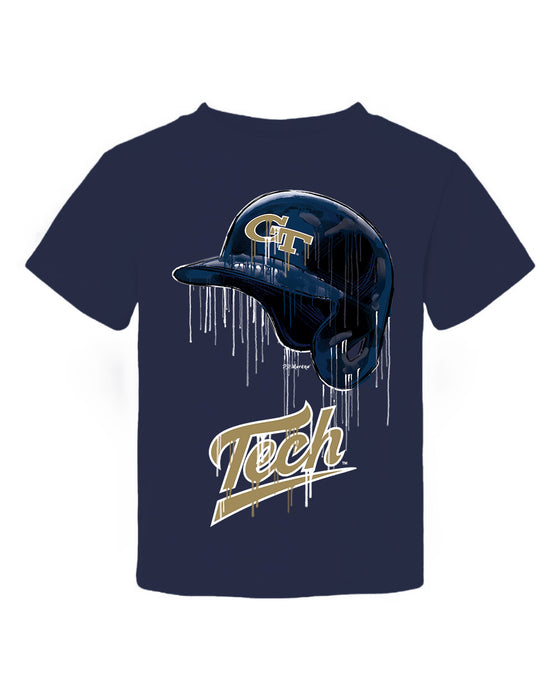Georgia Tech Yellow Jackets Original Dripping Baseball Helmet Navy T-Shirt Cotton by Vive La Fete
