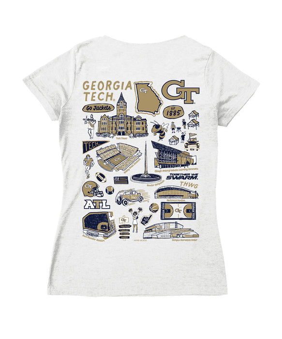 Georgia Tech Yellow Jackets Hand Sketched Vive La Fete Impressions Artwork Navy Women Cotton Short Sleeve V-Neck Tshirt