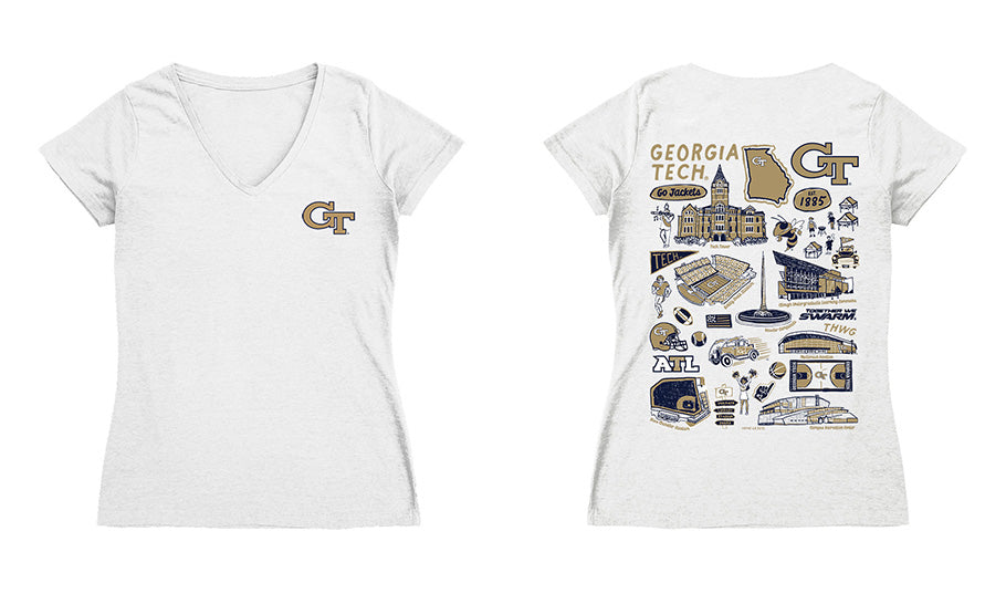 Georgia Tech Yellow Jackets Hand Sketched Vive La Fete Impressions Artwork Navy Women Cotton Short Sleeve V-Neck Tshirt