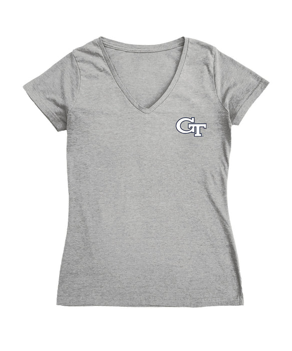 Georgia Tech Yellow Jackets Hand Sketched Vive La Fete Impressions Artwork Grey Women Cotton Short Sleeve V-Neck Tshirt