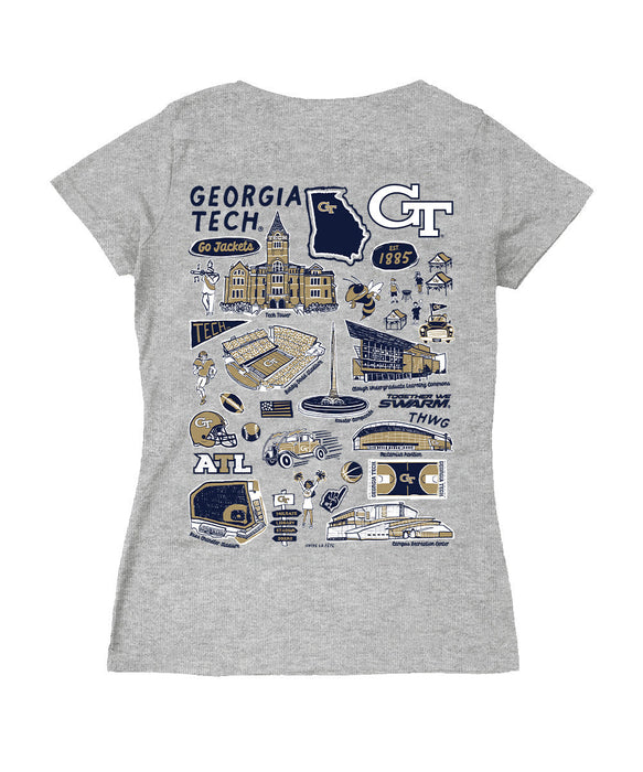 Georgia Tech Yellow Jackets Hand Sketched Vive La Fete Impressions Artwork Navy Women Cotton Short Sleeve V-Neck Tshirt