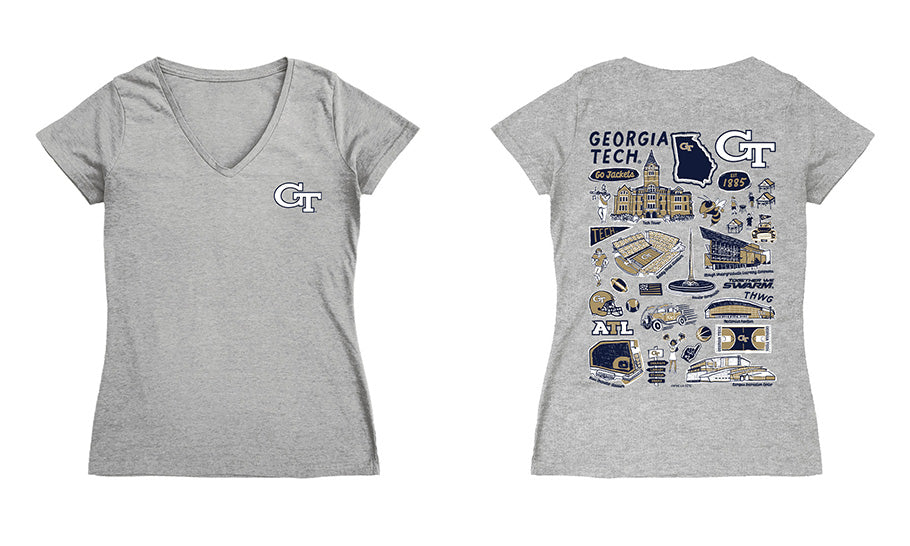 Georgia Tech Yellow Jackets Hand Sketched Vive La Fete Impressions Artwork Navy Women Cotton Short Sleeve V-Neck Tshirt