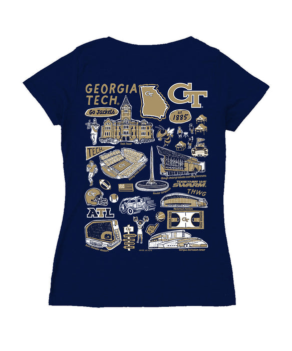 Georgia Tech Yellow Jackets Hand Sketched Vive La Fete Impressions Artwork Navy Women Cotton Short Sleeve V-Neck Tshirt