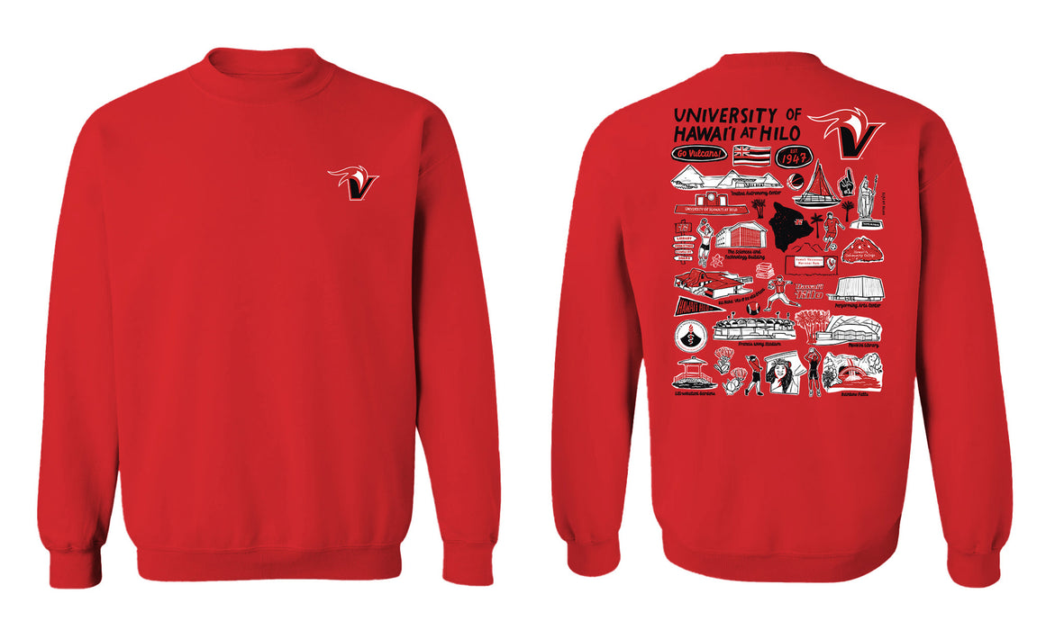 Hawaii Hilo Vulcans Hand Sketched Vive La Fete Impressions Artwork Red Crew Neck Sweatshirt for Women - Vive La Fête - Online Apparel Store