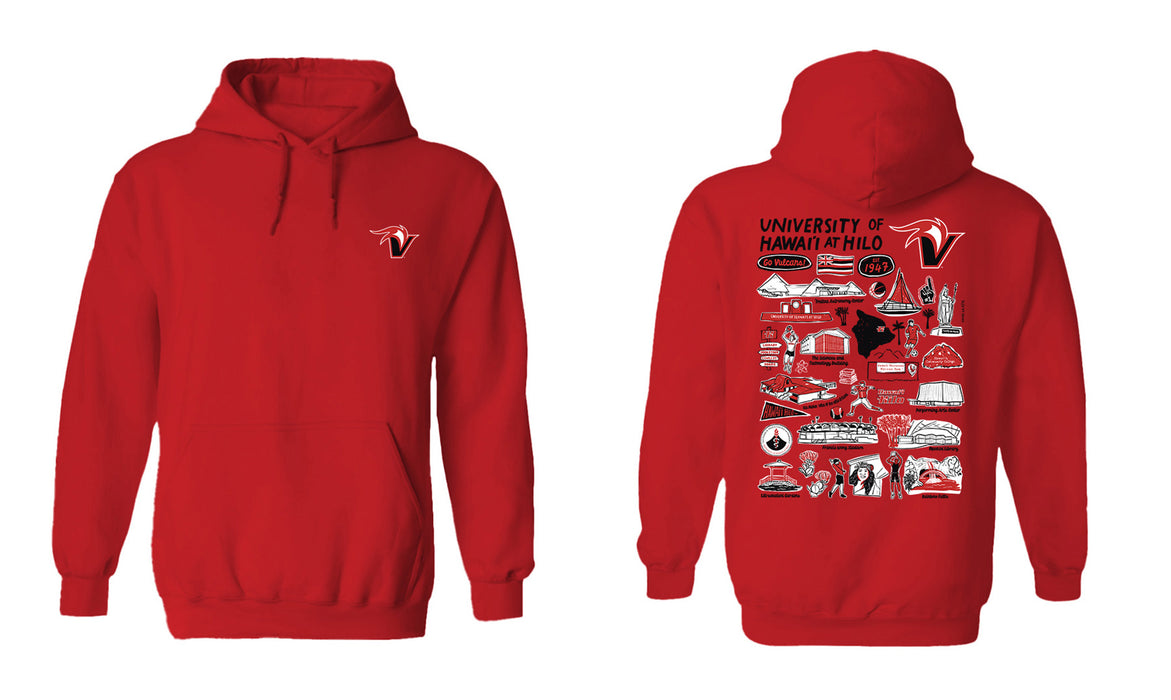 Hawaii Hilo Vulcans Hand Sketched Vive La Fete Impressions Artwork Red Cotton Fleece Long Sleeve Hoodie - Vive La Fête - Online Apparel Store