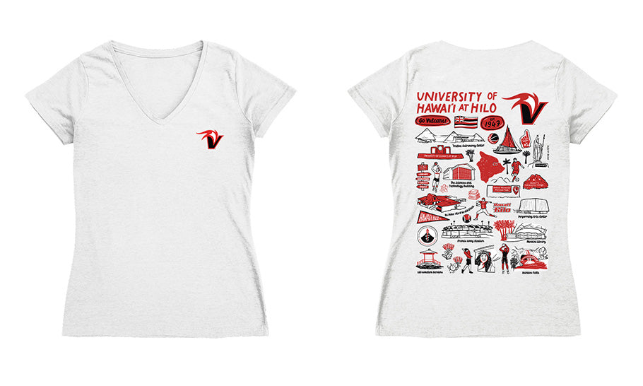 Hawaii Hilo Vulcans Hand Sketched Vive La Fete Impressions Artwork Red Women Cotton Short Sleeve V-Neck Tshirt