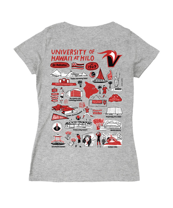 Hawaii Hilo Vulcans Hand Sketched Vive La Fete Impressions Artwork Red Women Cotton Short Sleeve V-Neck Tshirt