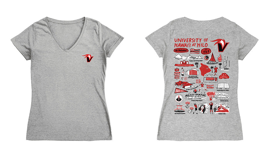 Hawaii Hilo Vulcans Hand Sketched Vive La Fete Impressions Artwork Red Women Cotton Short Sleeve V-Neck Tshirt