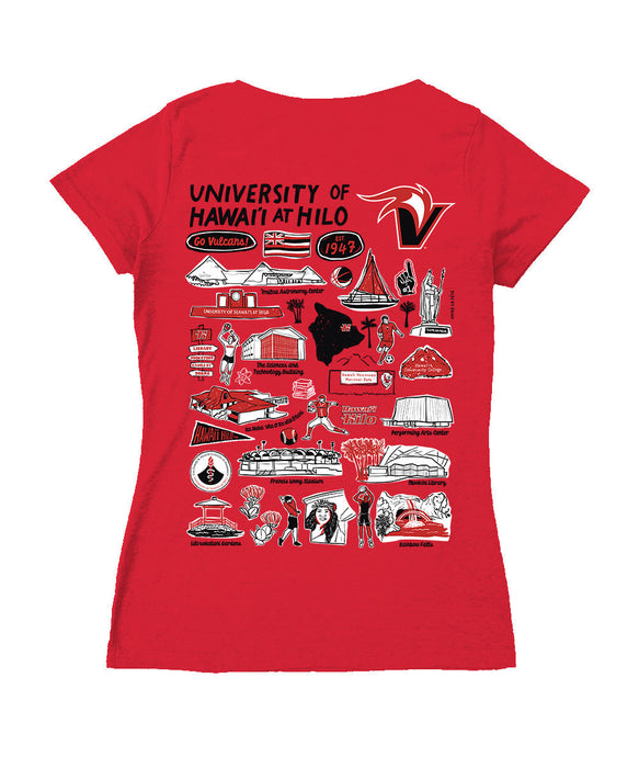 Hawaii Hilo Vulcans Hand Sketched Vive La Fete Impressions Artwork Red Women Cotton Short Sleeve V-Neck Tshirt