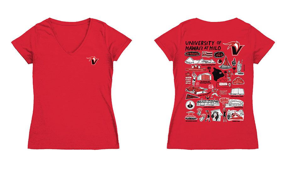 Hawaii Hilo Vulcans Hand Sketched Vive La Fete Impressions Artwork Red Women Cotton Short Sleeve V-Neck Tshirt