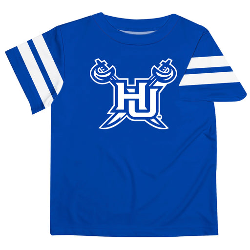 Hampton University Pirates Vive La Fete Boys Game Day Blue Short Sleeve Tee with Stripes on Sleeves