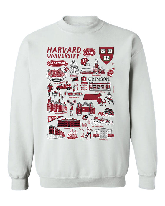 Harvard Crimson Hand Sketched Vive La Fete Impressions White Cotton Crewneck Sweatshirt for Women