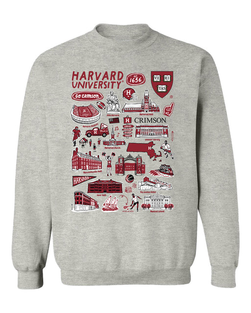 Harvard Crimson Hand Sketched Vive La Fete Impressions Grey Cotton Crewneck Sweatshirt for Women