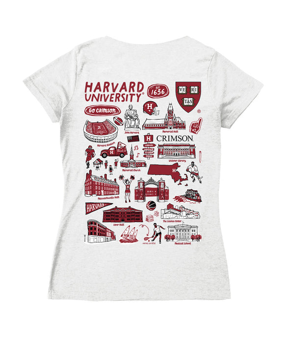 Harvard Crimson Hand Sketched Vive La Fete Impressions Artwork Grey Women Cotton Short Sleeve V-Neck Tshirt