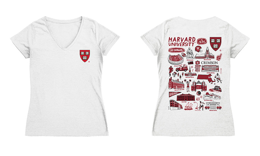 Harvard Crimson Hand Sketched Vive La Fete Impressions Artwork Grey Women Cotton Short Sleeve V-Neck Tshirt