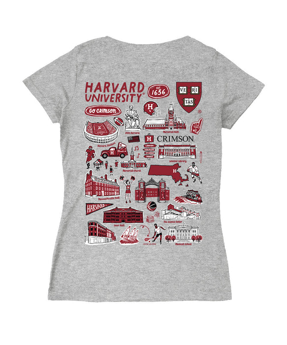 Harvard Crimson Hand Sketched Vive La Fete Impressions Artwork Grey Women Cotton Short Sleeve V-Neck Tshirt