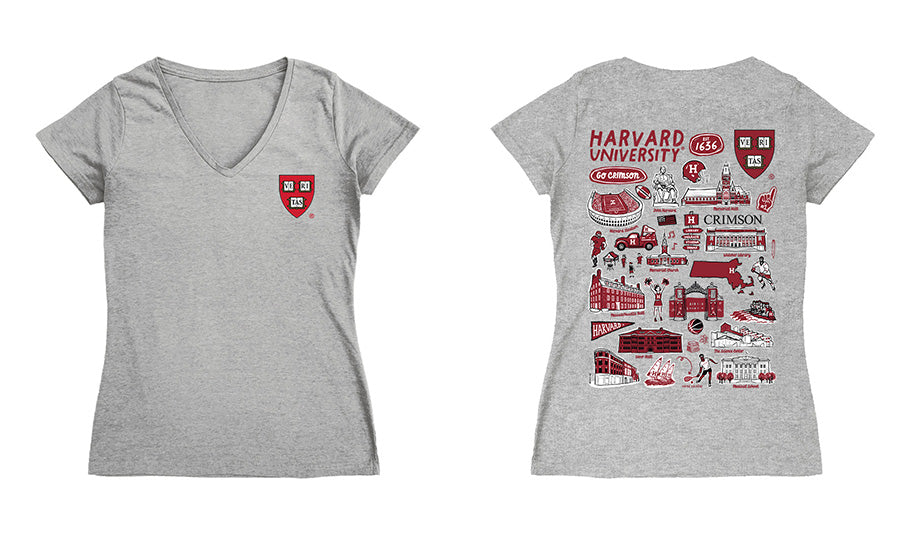 Harvard Crimson Hand Sketched Vive La Fete Impressions Artwork Grey Women Cotton Short Sleeve V-Neck Tshirt