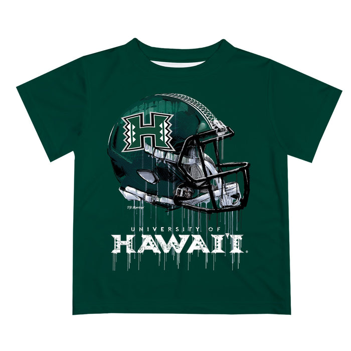 Hawaii Rainbow Warriors Original Dripping Football Helmet Green T-Shirt by Vive La Fete