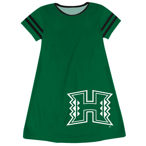 Hawaii Rainbow Warriors Vive La Fete Girls Game Day Short Sleeve Green A-Line Dress with large Logo