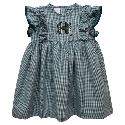 Hawaii Rainbow Warriors Embroidered Hunter Green Gingham Ruffle Dress