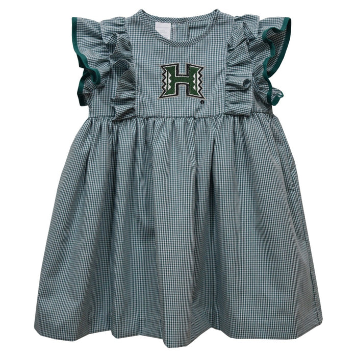 Hawaii Rainbow Warriors Embroidered Hunter Green Gingham Ruffle Dress
