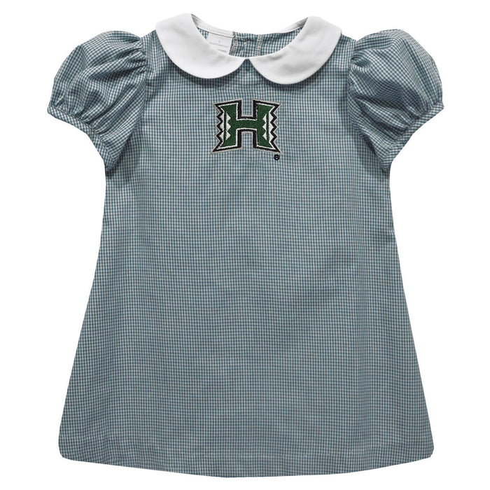 Hawaii Rainbow Warriors Embroidered Hunter Green Gingham Short Sleeve A Line Dress
