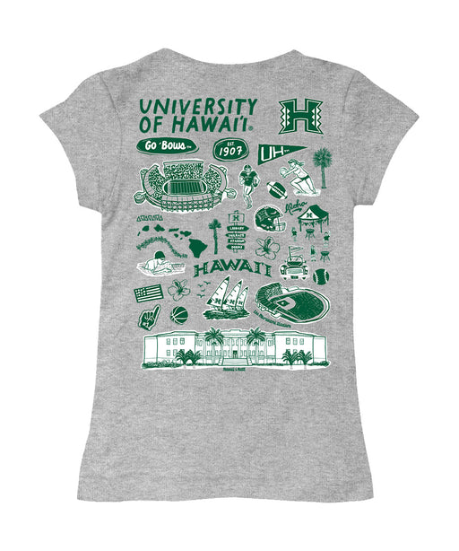 Hawaii Rainbow Warriors Hand Sketched Vive La Fete Impressions Artwork Grey Girls Cotton Short Sleeve Tee - Vive La Fête - Online Apparel Store