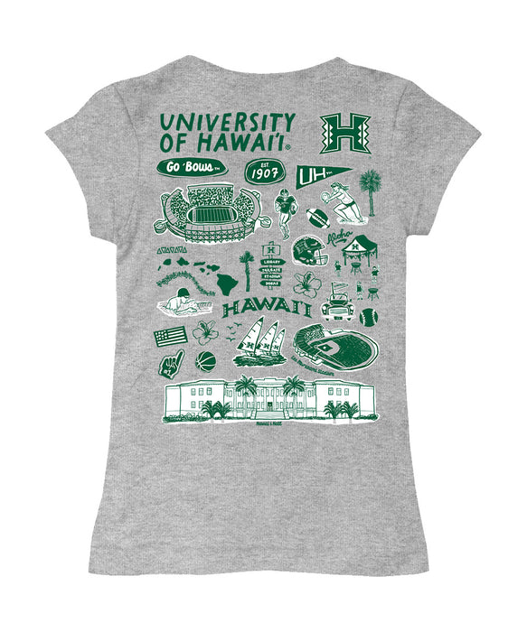 Hawaii Rainbow Warriors Hand Sketched Vive La Fete Impressions Artwork Grey Girls Cotton Short Sleeve Tee - Vive La Fête - Online Apparel Store