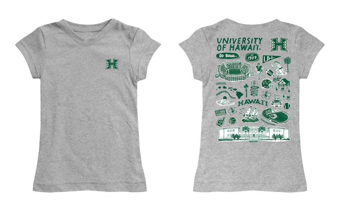 Hawaii Rainbow Warriors Hand Sketched Vive La Fete Impressions Artwork Grey Girls Cotton Short Sleeve Tee - Vive La Fête - Online Apparel Store