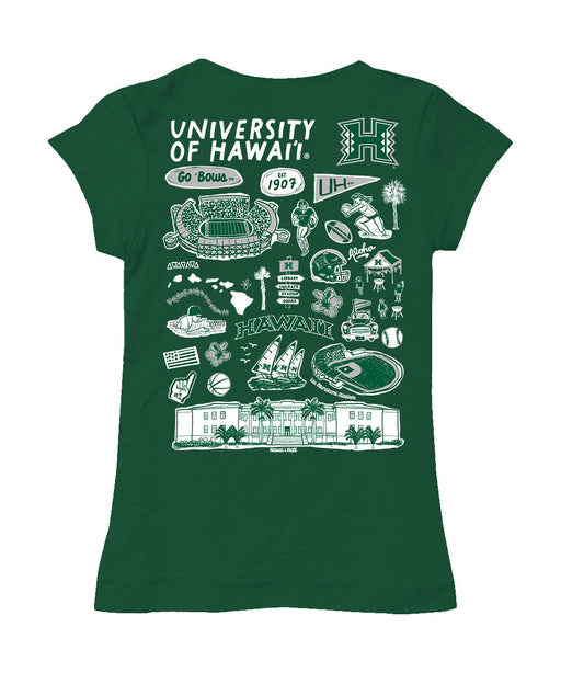 Hawaii Rainbow Warriors Hand Sketched Vive La Fete Impressions Artwork Green Girls Cotton Short Sleeve Tee - Vive La Fête - Online Apparel Store