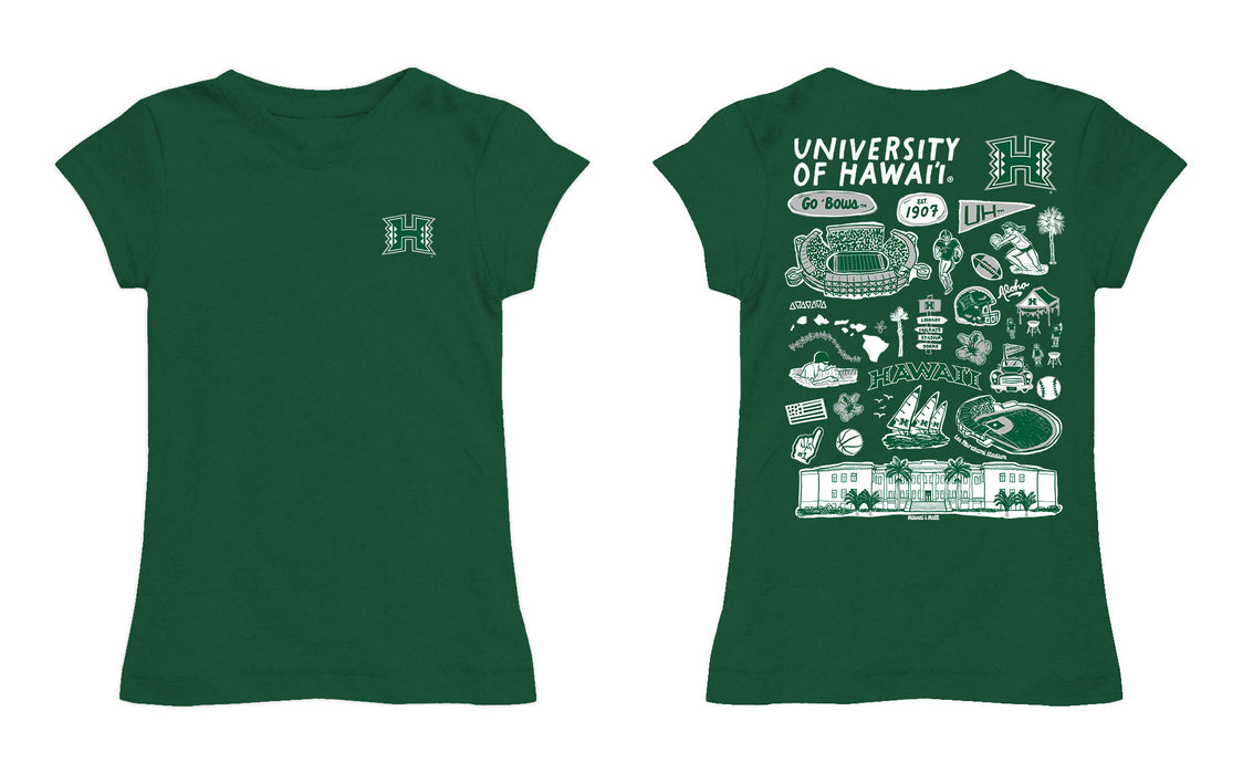 Hawaii Rainbow Warriors Hand Sketched Vive La Fete Impressions Artwork Green Girls Cotton Short Sleeve Tee - Vive La Fête - Online Apparel Store