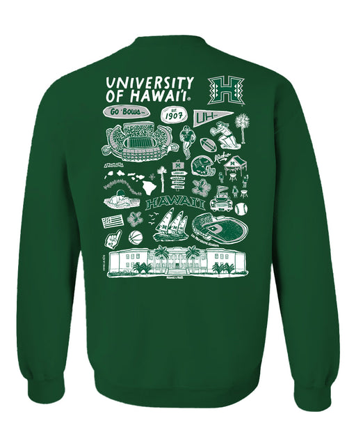 Hawaii Rainbow Warriors Hand Sketched Artwork Green Crewneck Sweatshirt for Women - Vive La Fête - Online Apparel Store