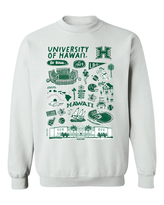 Hawaii Rainbow Warriors Hand Sketched Vive La Fete Impressions White Cotton Crewneck Sweatshirt for Women