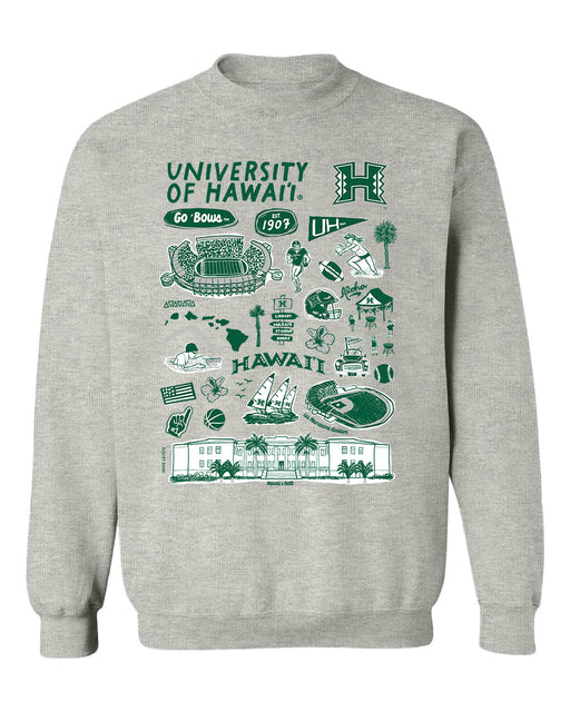 Hawaii Rainbow Warriors Hand Sketched Vive La Fete Impressions Grey Cotton Crewneck Sweatshirt for Women