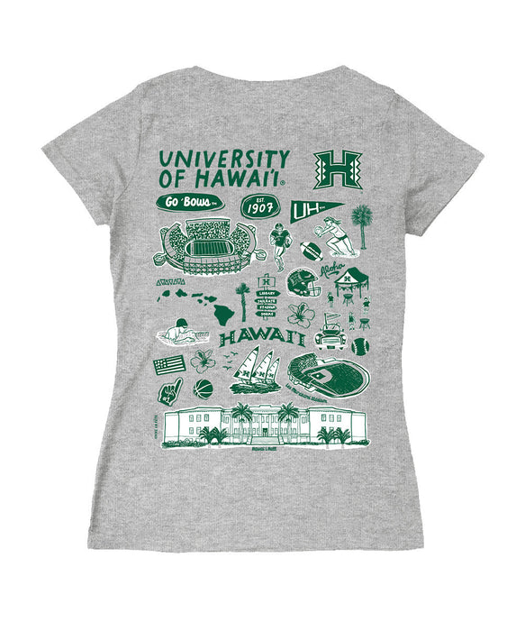 Hawaii Rainbow Warriors Hand Sketched Vive La Fete Impressions Artwork Green Women Cotton Short Sleeve V-Neck Tshirt