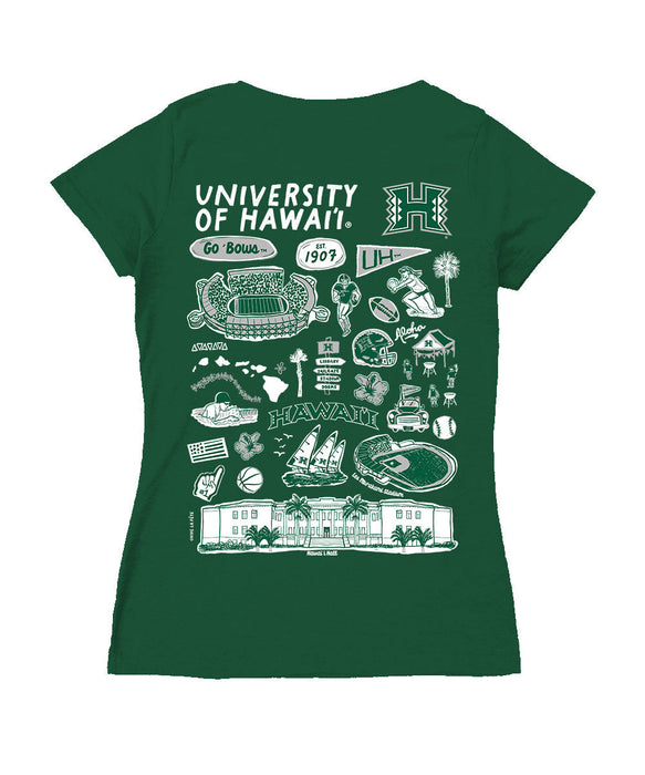 Hawaii Rainbow Warriors Hand Sketched Vive La Fete Impressions Artwork Green Women Cotton Short Sleeve V-Neck Tshirt