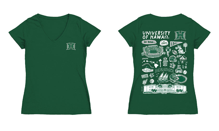 Hawaii Rainbow Warriors Hand Sketched Vive La Fete Impressions Artwork Green Women Cotton Short Sleeve V-Neck Tshirt