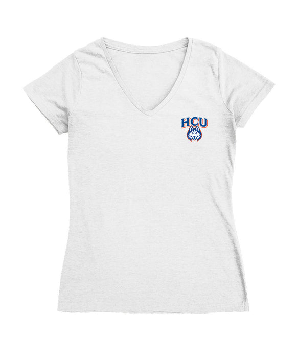Houston Christian Huskies Hand Sketched Vive La Fete Impressions Artwork White Women Cotton Short Sleeve V-Neck Tshirt
