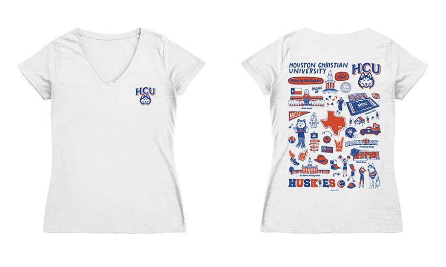 Houston Christian Huskies Hand Sketched Vive La Fete Impressions Artwork Royal Women Cotton Short Sleeve V-Neck Tshirt