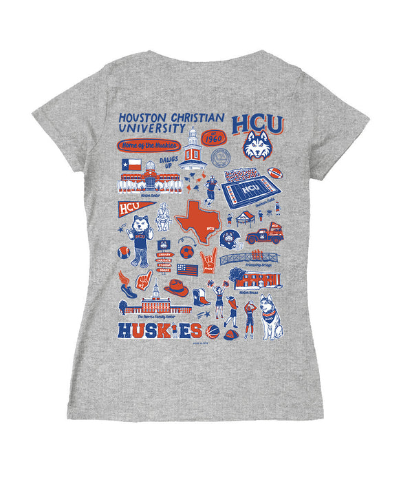 Houston Christian Huskies Hand Sketched Vive La Fete Impressions Artwork Royal Women Cotton Short Sleeve V-Neck Tshirt