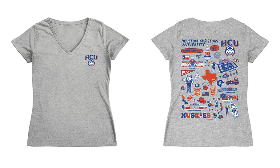 Houston Christian Huskies Hand Sketched Vive La Fete Impressions Artwork Royal Women Cotton Short Sleeve V-Neck Tshirt