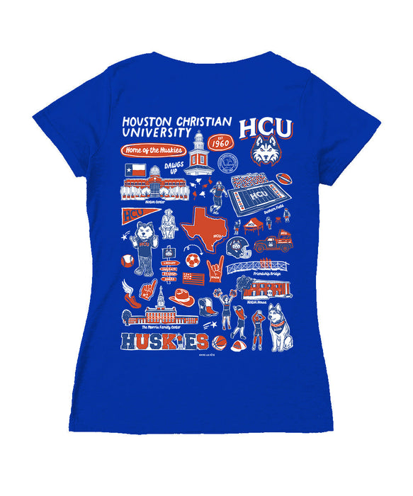 Houston Christian Huskies Hand Sketched Vive La Fete Impressions Artwork Royal Women Cotton Short Sleeve V-Neck Tshirt