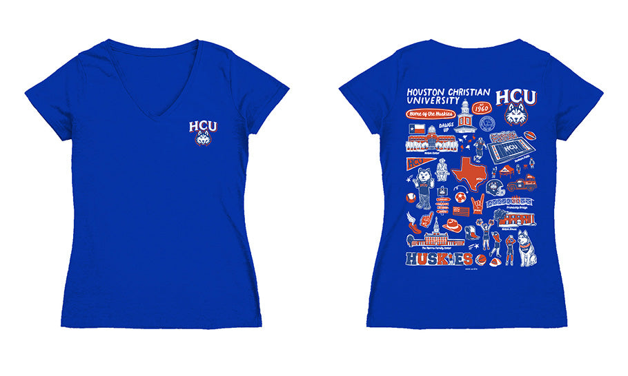 Houston Christian Huskies Hand Sketched Vive La Fete Impressions Artwork Royal Women Cotton Short Sleeve V-Neck Tshirt