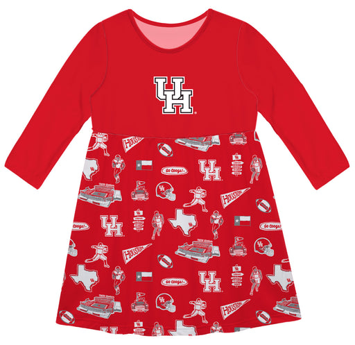 University of Houston Cougars Long Sleeve Solid Red Repeat Print Hand Sketched Impressions Artwork on Skirt