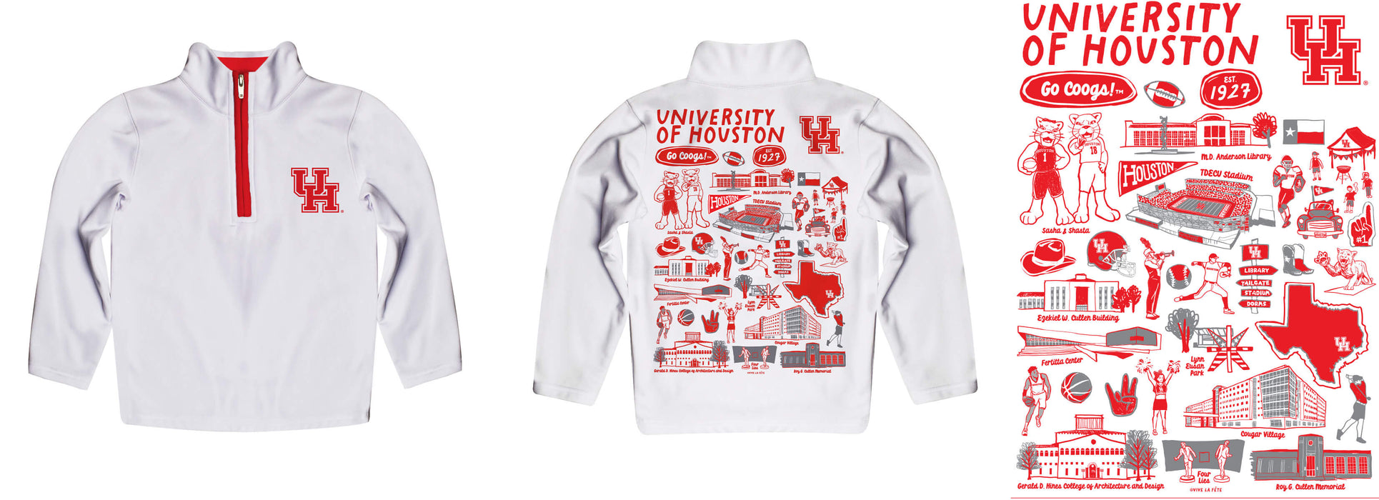 University of Houston Cougars Hand Sketched Vive La Fete Impressions Artwork White Boys Quarter Zip Pullover V1 - Vive La Fête - Online Apparel Store