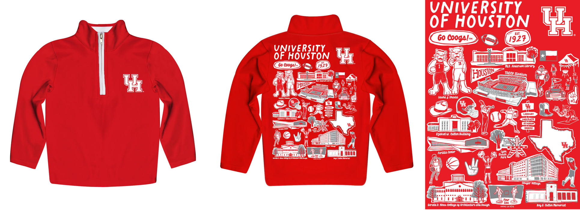 University of Houston Cougars Hand Sketched Vive La Fete Impressions Artwork Red Boys Quarter Zip Pullover V1 - Vive La Fête - Online Apparel Store