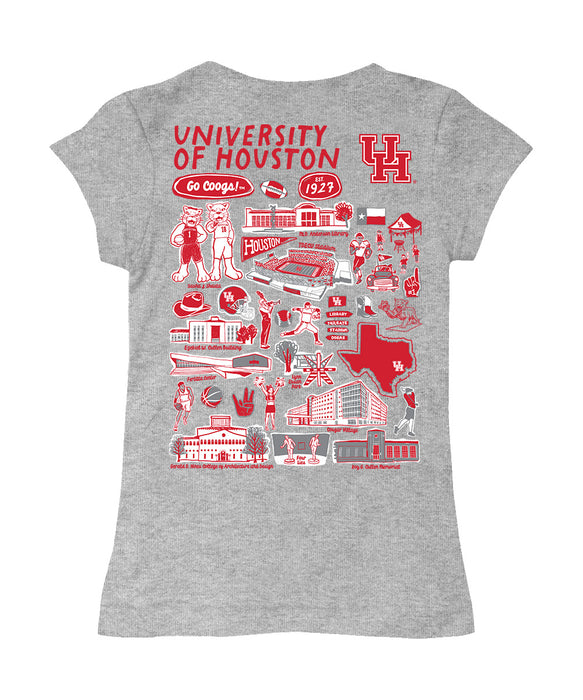 University of Houston Cougars Hand Sketched Vive La Fete Impressions Artwork Grey Girls Cotton Short Sleeve Tee - Vive La Fête - Online Apparel Store