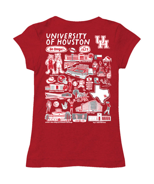 University of Houston Cougars Hand Sketched Vive La Fete Impressions Artwork Red Girls Cotton Short Sleeve Tee - Vive La Fête - Online Apparel Store