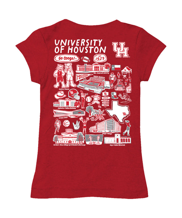 University of Houston Cougars Hand Sketched Vive La Fete Impressions Artwork Red Girls Cotton Short Sleeve Tee - Vive La Fête - Online Apparel Store
